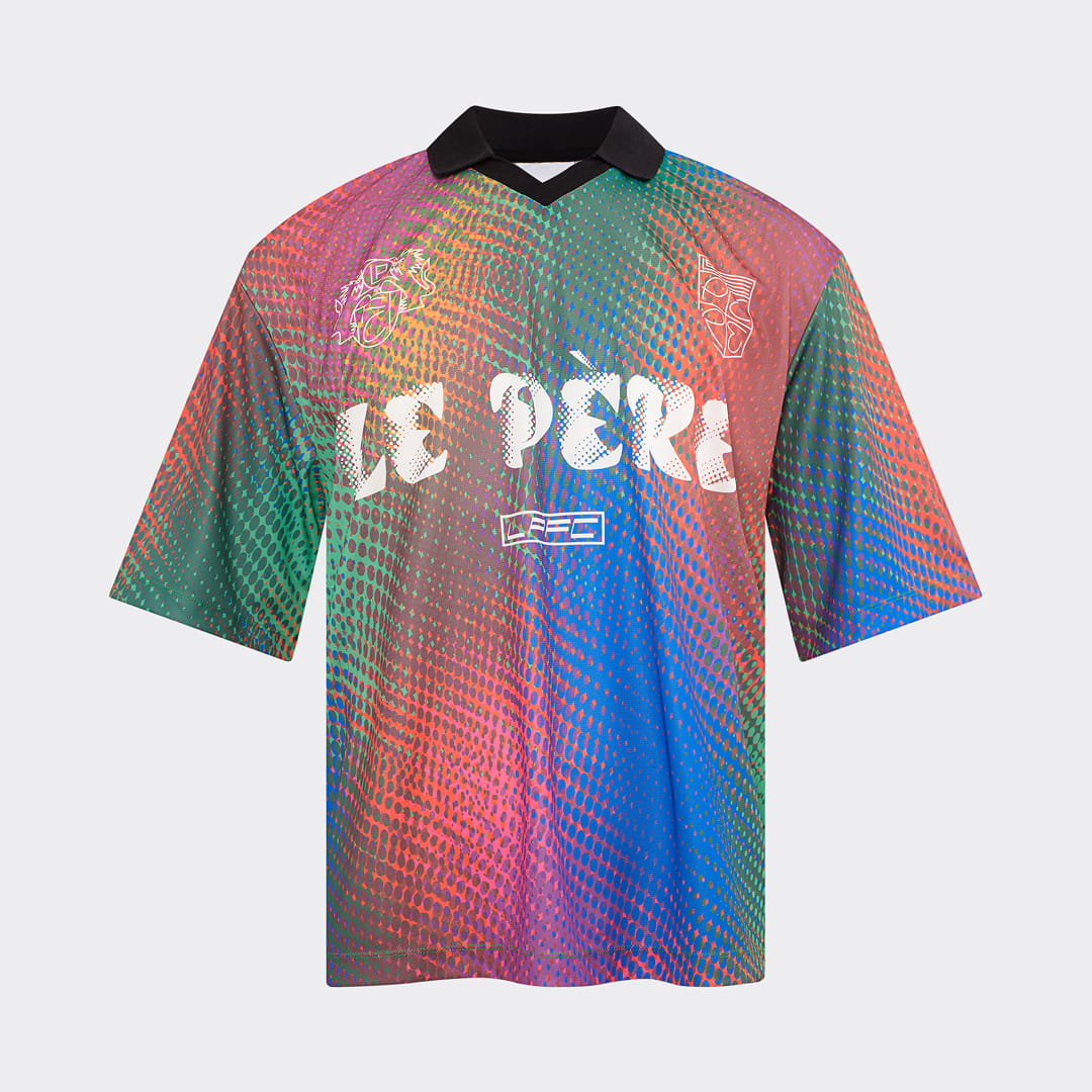 Le Pere multicolor gradient mesh football shirt with black collar and white logo print, ghost mannequin front view on white background