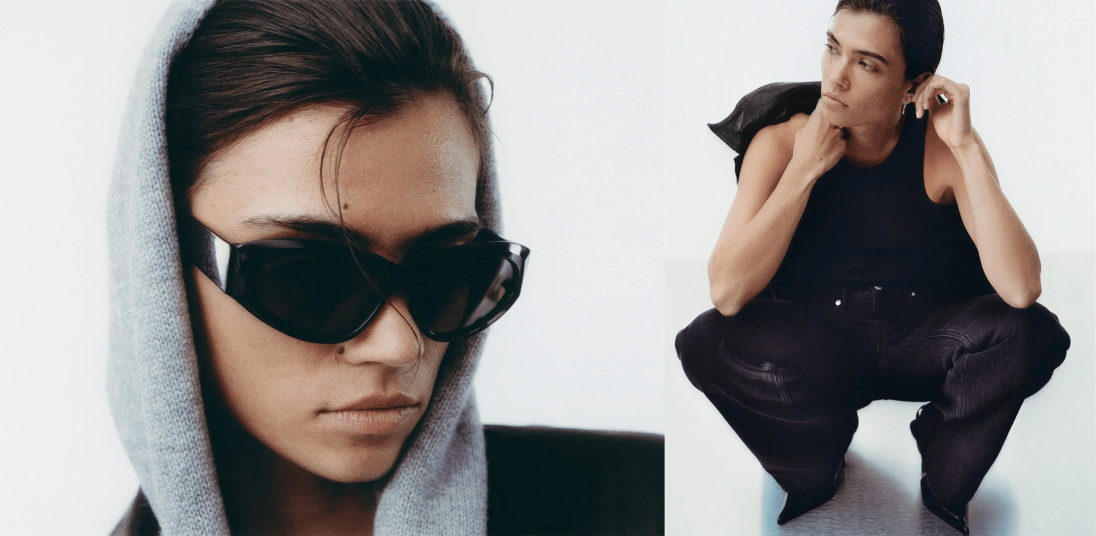 Model wearing black sunglasses and casual outfit — close-up and seated portrait on white background.