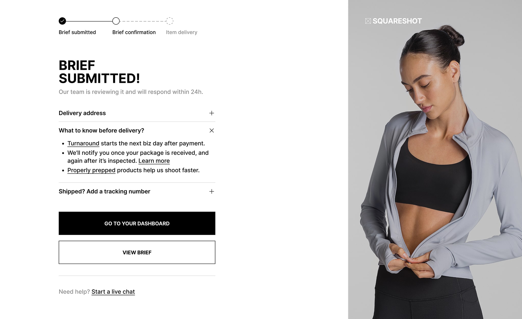 Screenshot of the Squareshot Brief submission page showing confirmation details, delivery info, and a model image.