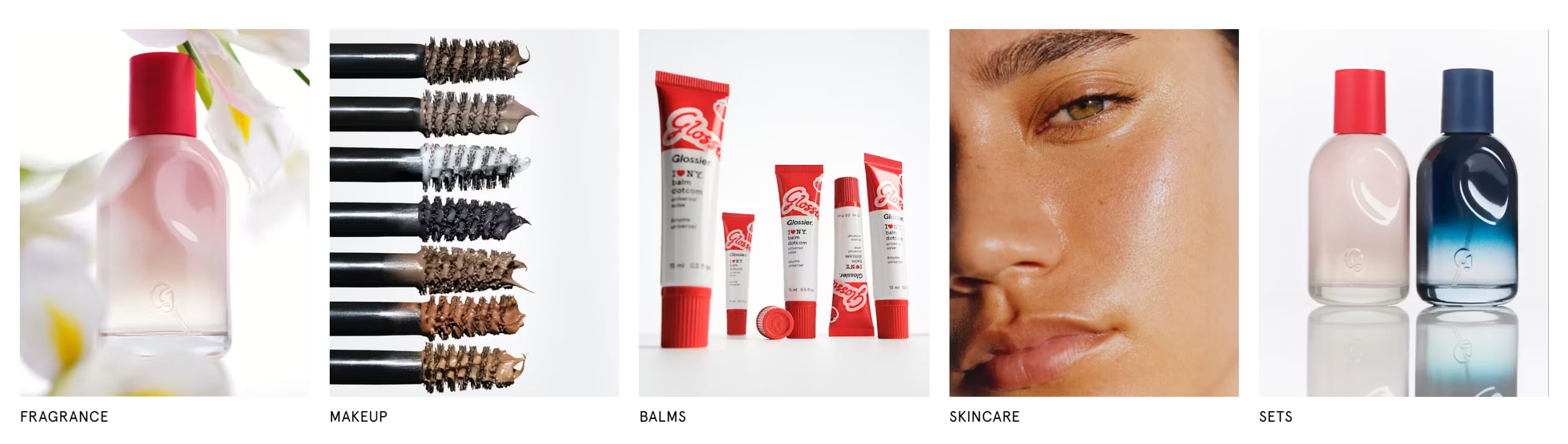 Glossier collection grid: fragrance, makeup, balms, skincare, and sets product categories on white background