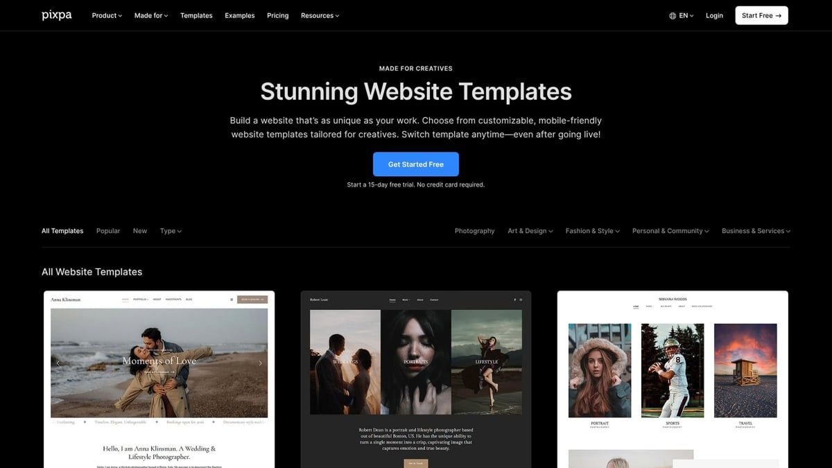 Pixpa website showcasing portfolio templates for photographers and creatives.